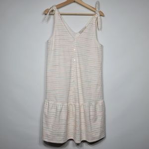 LOFT Bow Strap Button Front Stripes Flounce Dress Ivory Multi-Color Medium